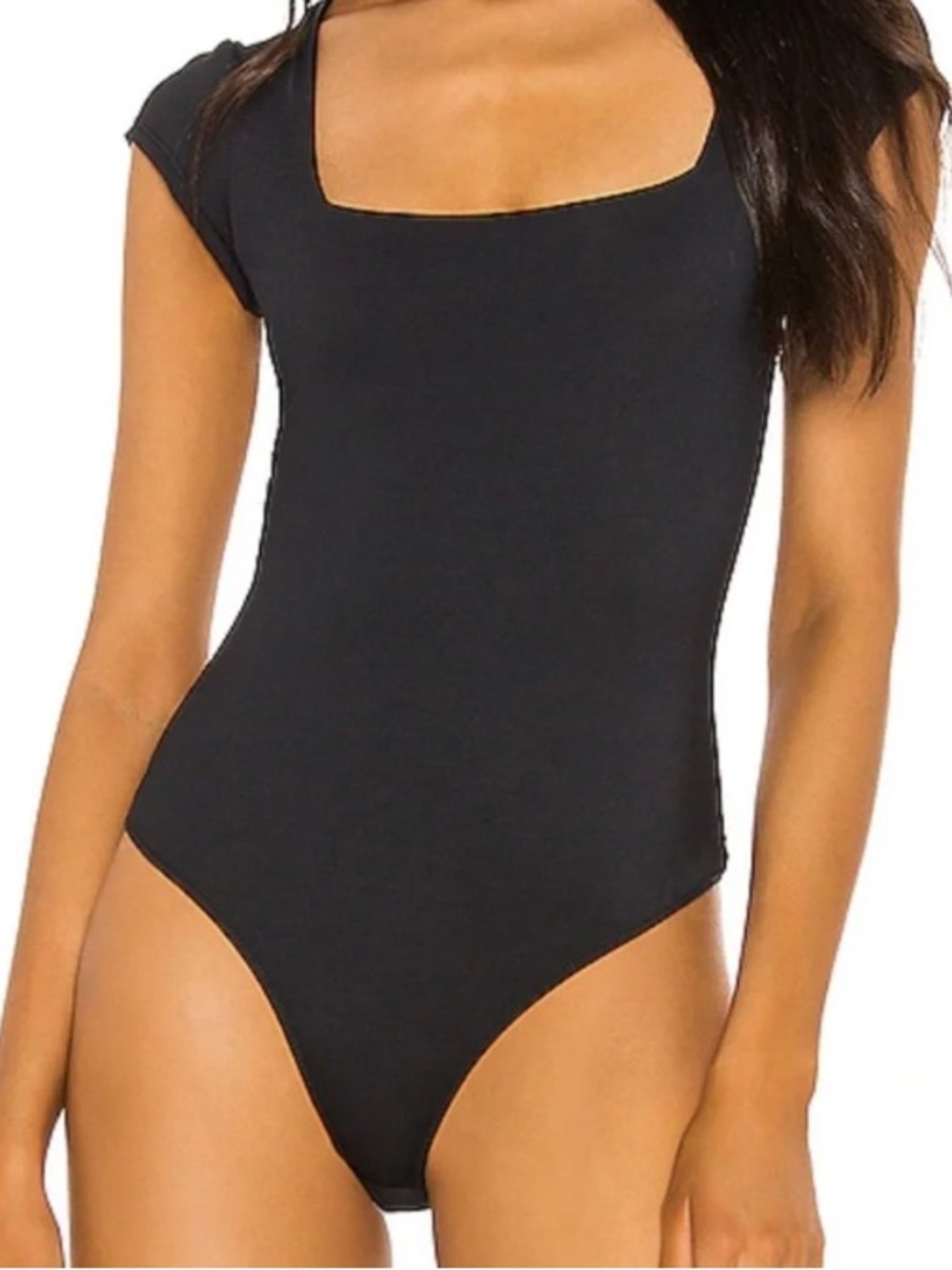 FREE PEOPLE L Intimately Square Eyes Bodysuit Black Square Neck Short Sleeve